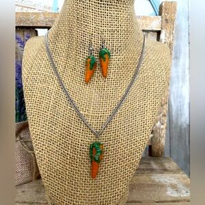 CARROTS NECKLACE & EARRINGS SET Easter Polymer Clay Stainless Steel Chain NEW